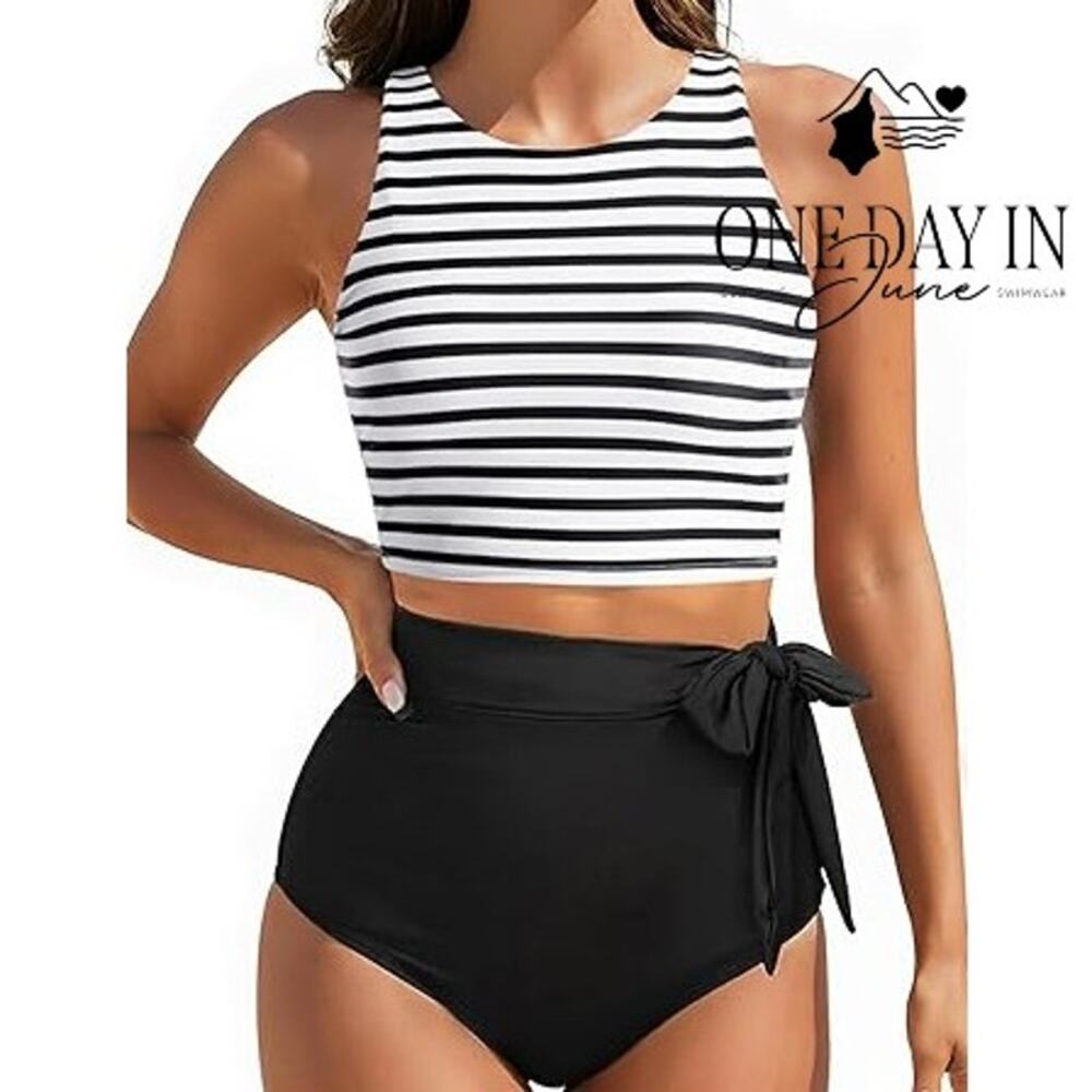 Aqua Eve Crop Striped Bikini Swimsuit Size M
